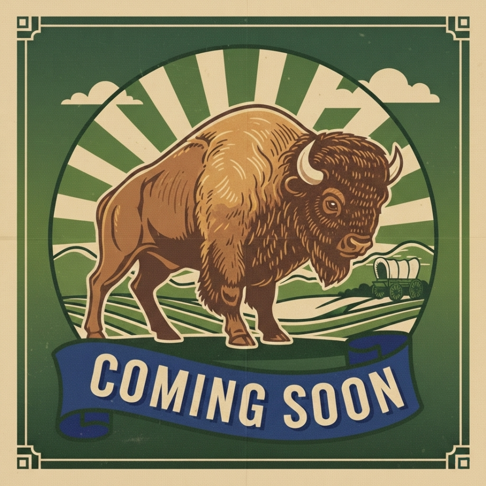 Bison on green background, vintage, with Coming Soon banner below.